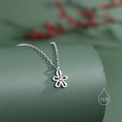 Sterling Silver Tiny Little Forget Me Not Flower Blossom Pendant Necklace with 18ct Gold Plating, Cut-Out Forget-me-not Necklace