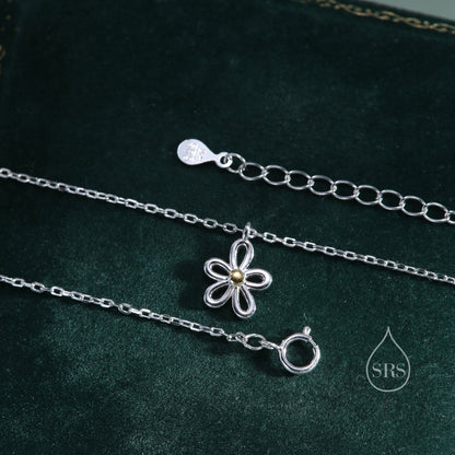 Sterling Silver Tiny Little Forget Me Not Flower Blossom Pendant Necklace with 18ct Gold Plating, Cut-Out Forget-me-not Necklace