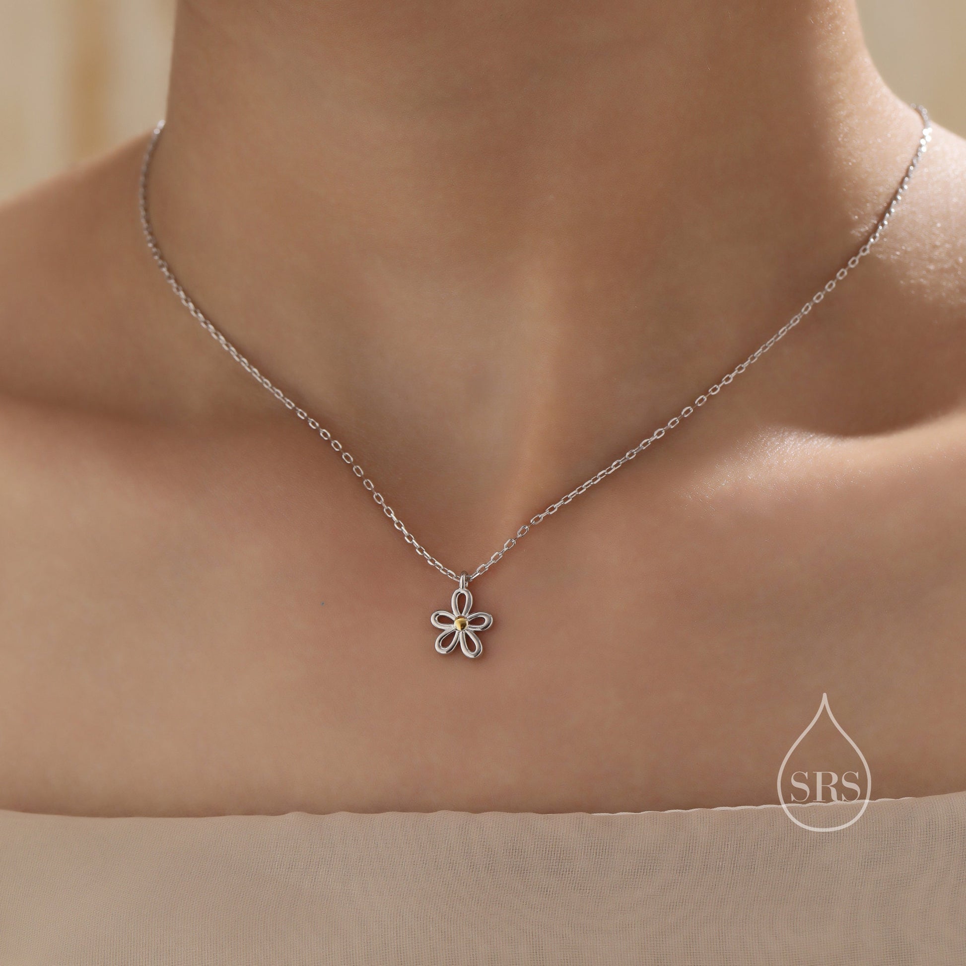 Sterling Silver Tiny Little Forget Me Not Flower Blossom Pendant Necklace with 18ct Gold Plating, Cut-Out Forget-me-not Necklace