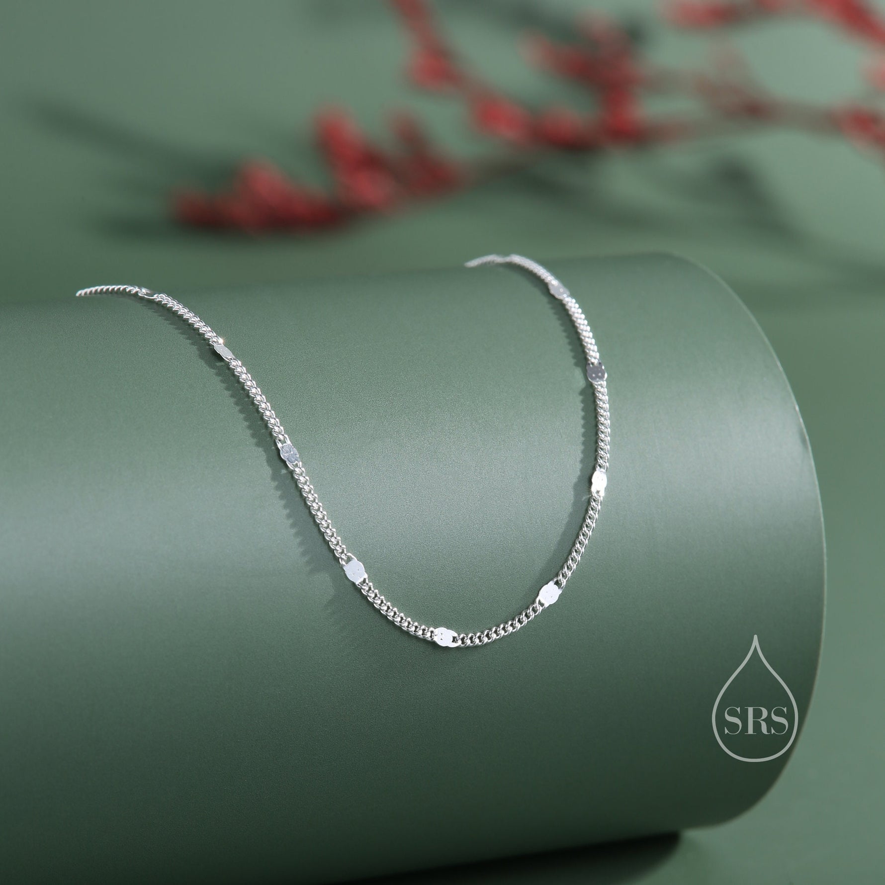 Minimalist Sparkle Disk Chain Choker Necklace in Sterling Silver, Available in Two Lengths, Silver or Gold, Skinny Necklace