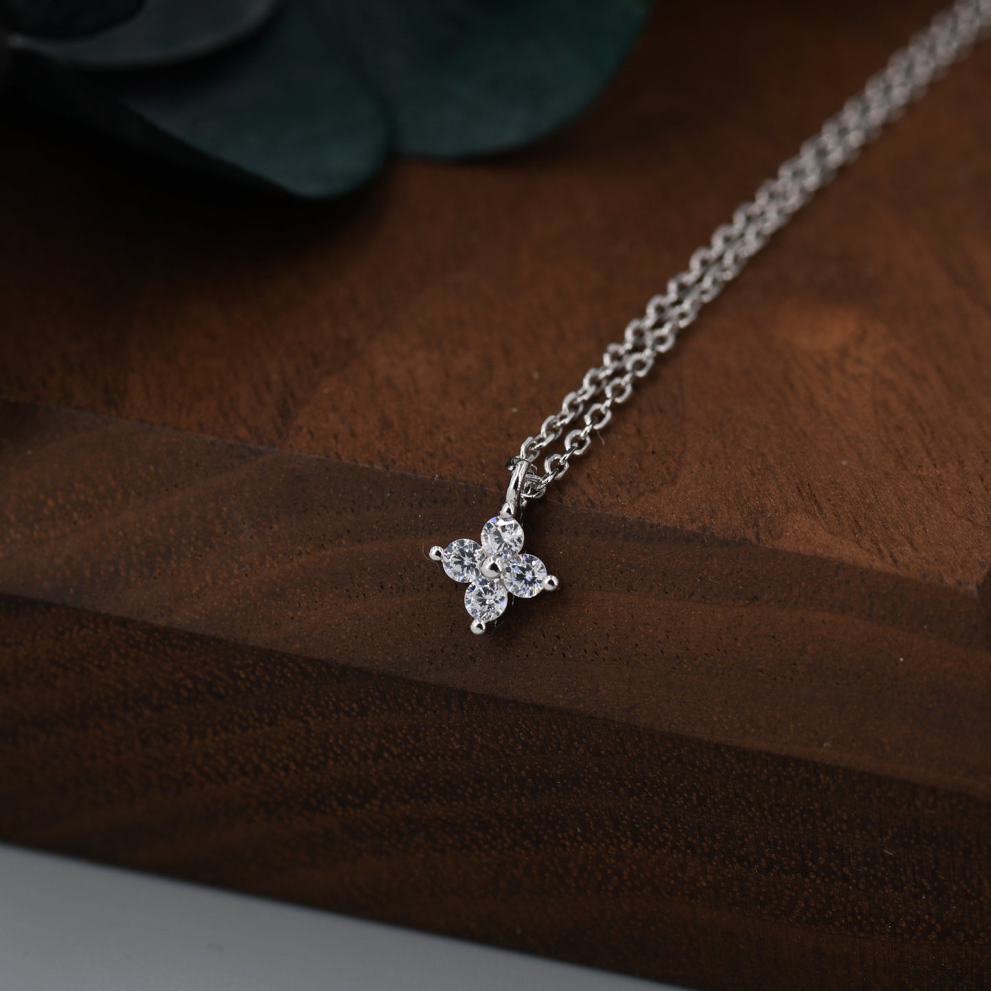 Sterling Silver Four CZ Hydrangea Flower Pendant Necklace, Silver or Gold or Rose Gold, Tiny CZ Necklace
