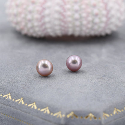 Genuine Purple Pink Pearl Stud Earrings in Sterling Silver, 5mm - 8mm, Small Pearl Stud and Large Pearl Stud, Silver pearl Earrings,