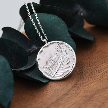 Fern Leaf  Round Disk Coin Pendant Necklace in Sterling Silver, Silver Leaf Pendant, Silver or Gold, Nature Inspired Jewellery,