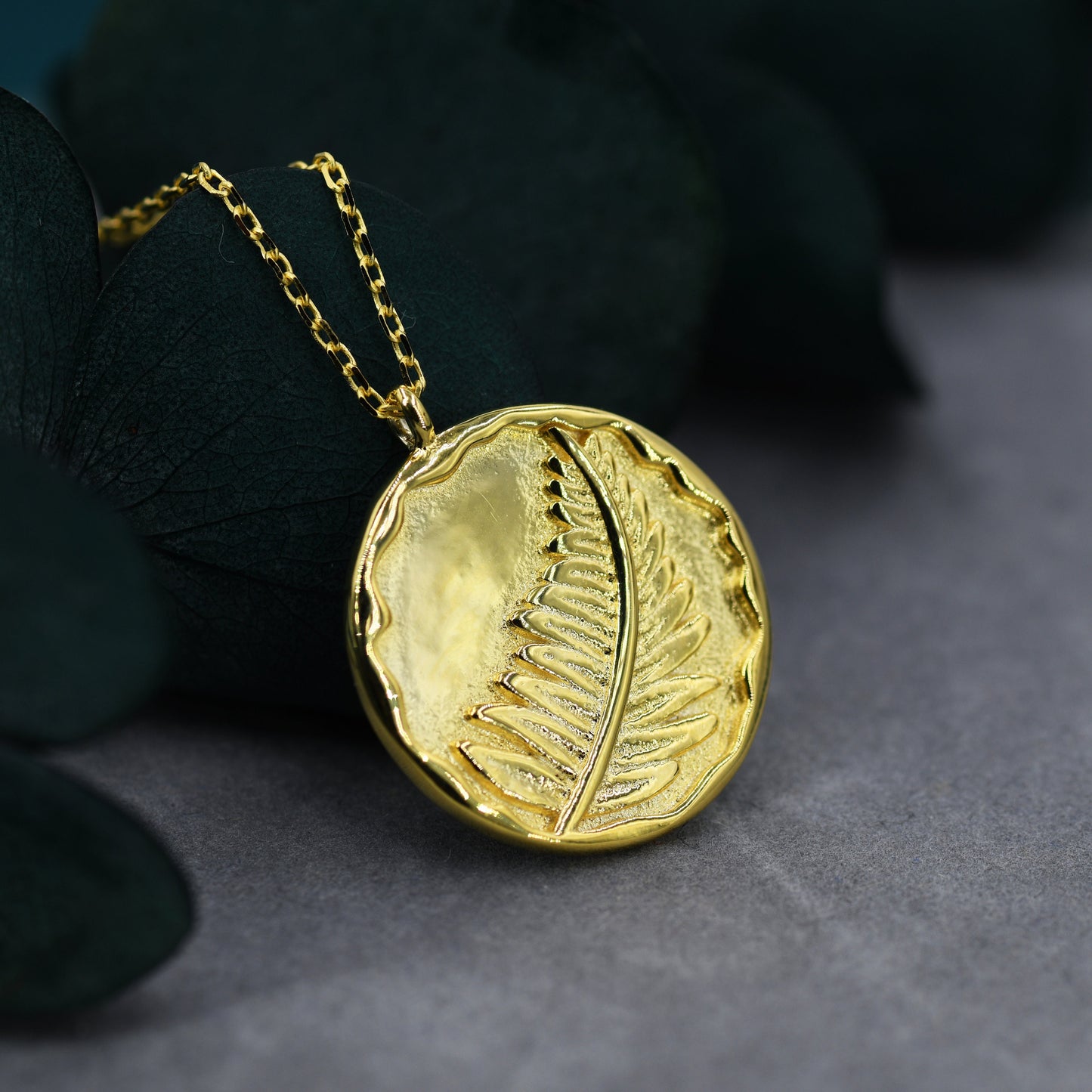 Fern Leaf  Round Disk Coin Pendant Necklace in Sterling Silver, Silver Leaf Pendant, Silver or Gold, Nature Inspired Jewellery,