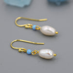 Genuine Freshwater Pearl and Blue Opal Drop Earrings in Sterling Silver, Delicate Keshi Pearl and Opal Earrings, Genuine Freshwater Pearls