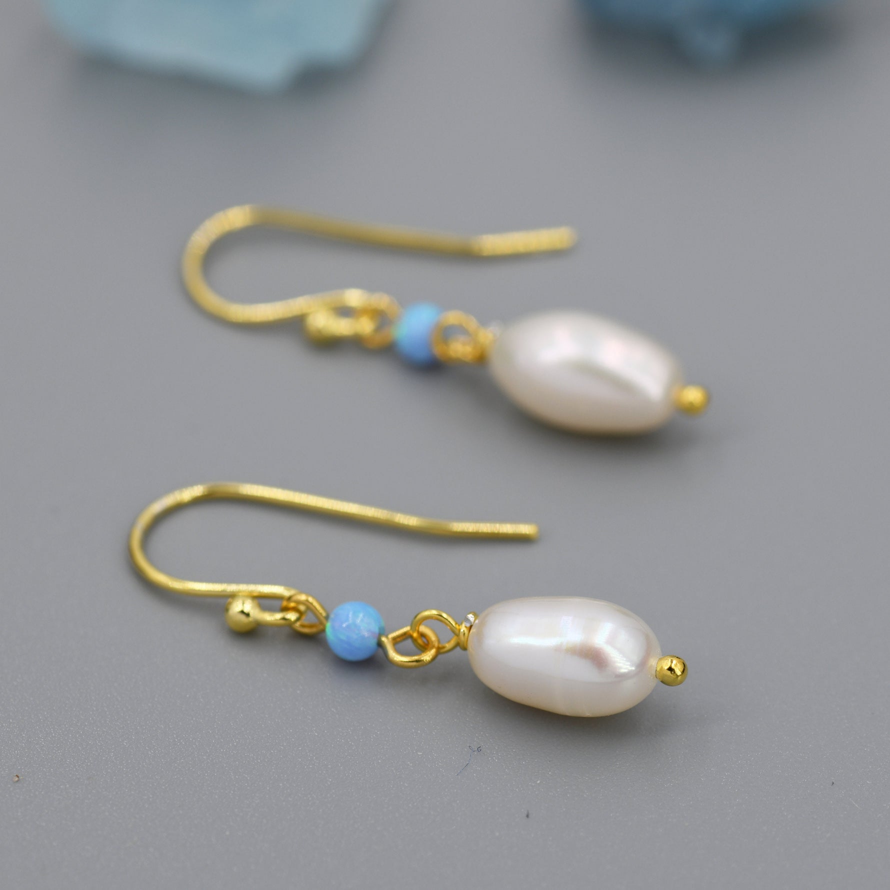 Genuine Freshwater Pearl and Blue Opal Drop Earrings in Sterling Silver, Delicate Keshi Pearl and Opal Earrings, Genuine Freshwater Pearls