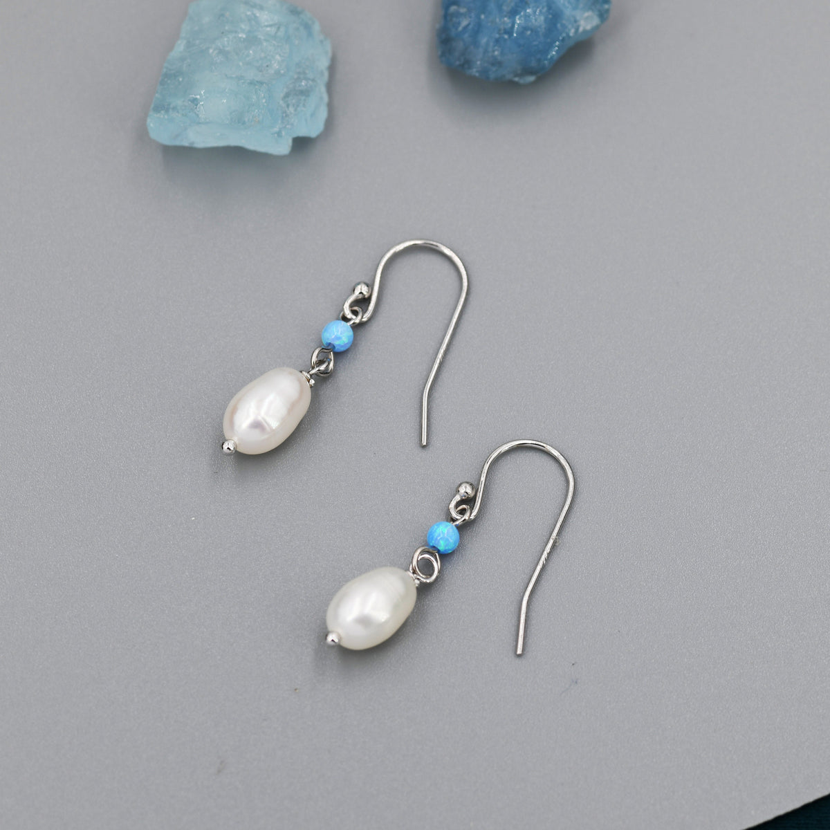 Genuine Freshwater Pearl and Blue Opal Drop Earrings in Sterling Silver, Delicate Keshi Pearl and Opal Earrings, Genuine Freshwater Pearls