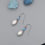 Genuine Freshwater Pearl and Blue Opal Drop Earrings in Sterling Silver, Delicate Keshi Pearl and Opal Earrings, Genuine Freshwater Pearls