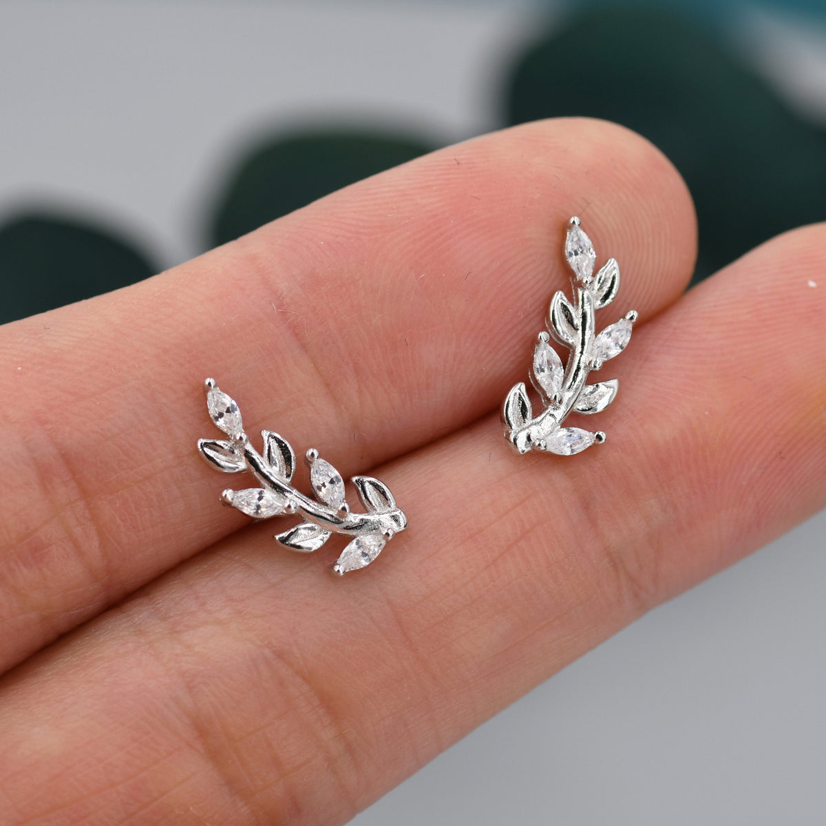 Sparkly Leaf CZ Stud Earrings in Sterling Silver, Silver or Gold, Bridal Jewellery, Bridesmaid's Earrings, Nature Inspired, Botanical