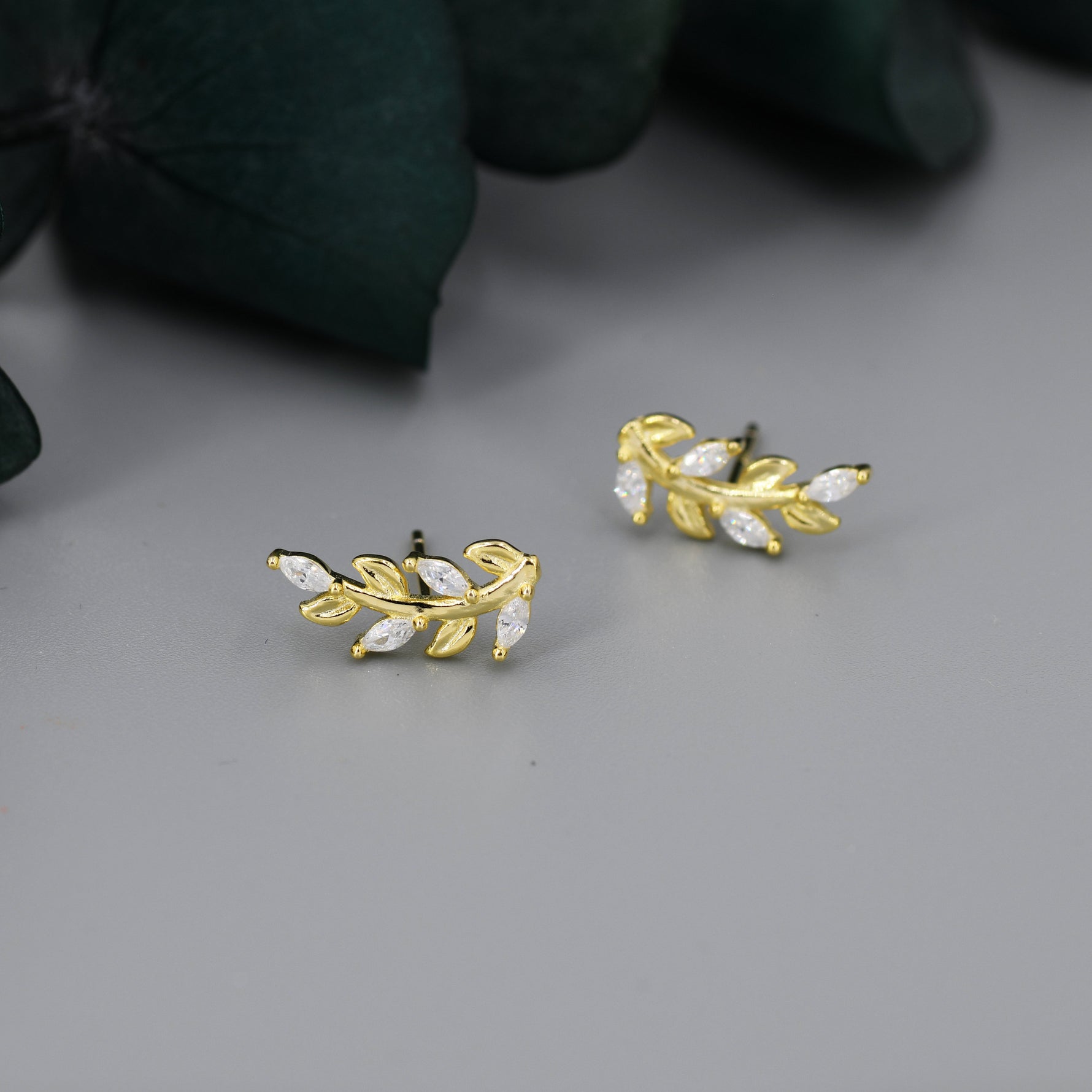 Sparkly Leaf CZ Stud Earrings in Sterling Silver, Silver or Gold, Bridal Jewellery, Bridesmaid's Earrings, Nature Inspired, Botanical