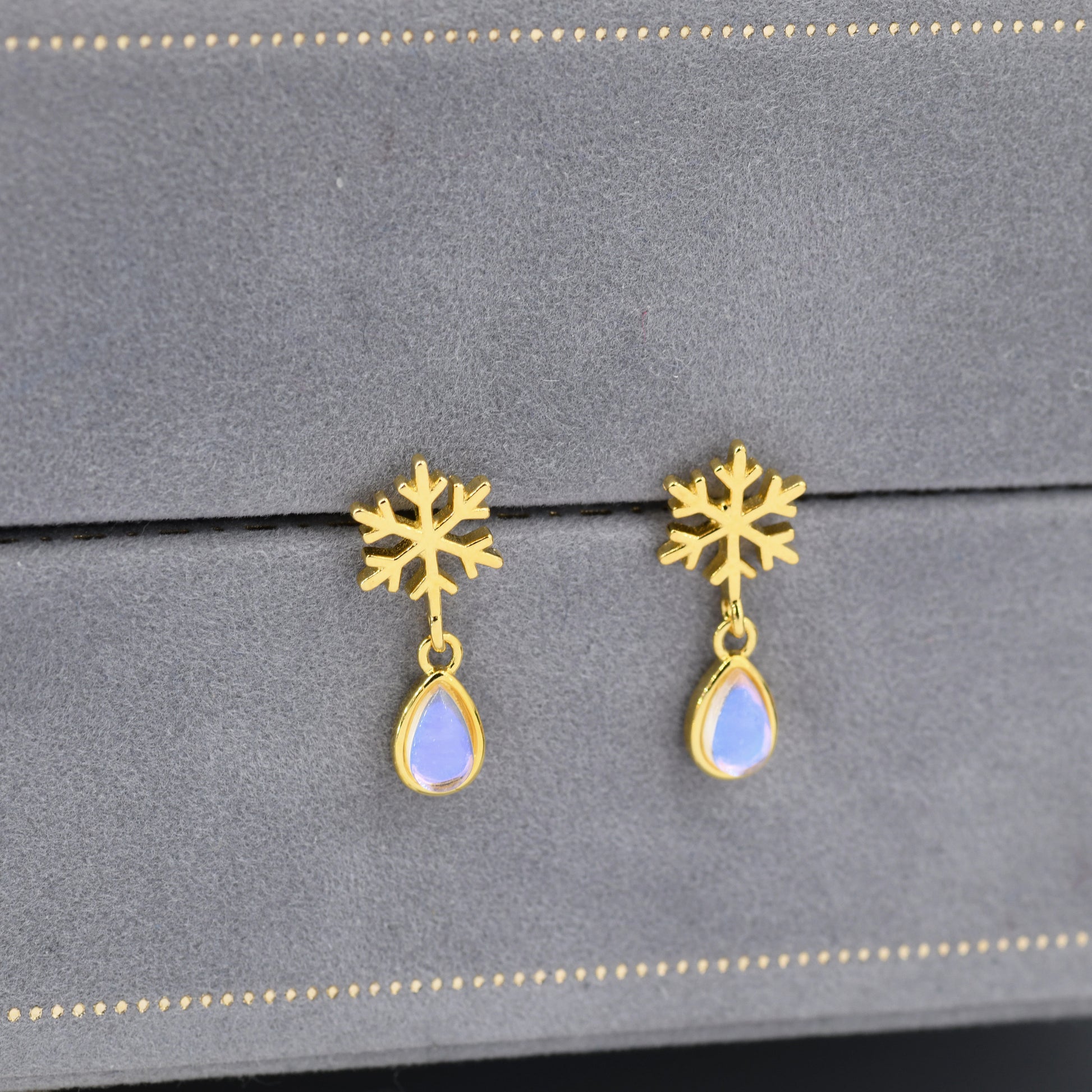 Snowflake and Moonstone Stud Earrings in Sterling Silver, Snow Earrings, Moonstone Droplet Earrings