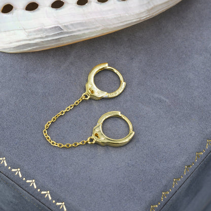 Handcuff Hoop Earrings with a Linking Chain, Silver or Gold, Chained  Hoop Earrings, Linked Hoops, Linked Hoops, Double Piercing Earrings