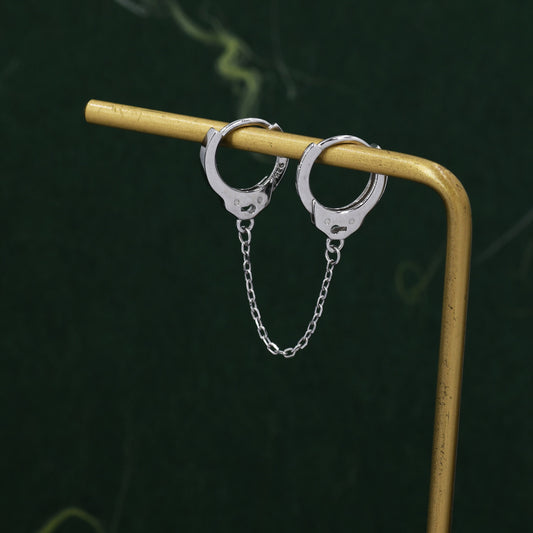 Handcuff Hoop Earrings with a Linking Chain, Silver or Gold, Chained  Hoop Earrings, Linked Hoops, Linked Hoops, Double Piercing Earrings