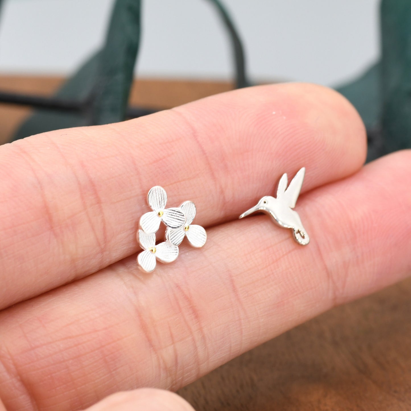 Mismatched Hummingbird and Hydrangea Flower Stud Earrings in Sterling Silver,  AsymmetricFlower and Hummingbird Earrings