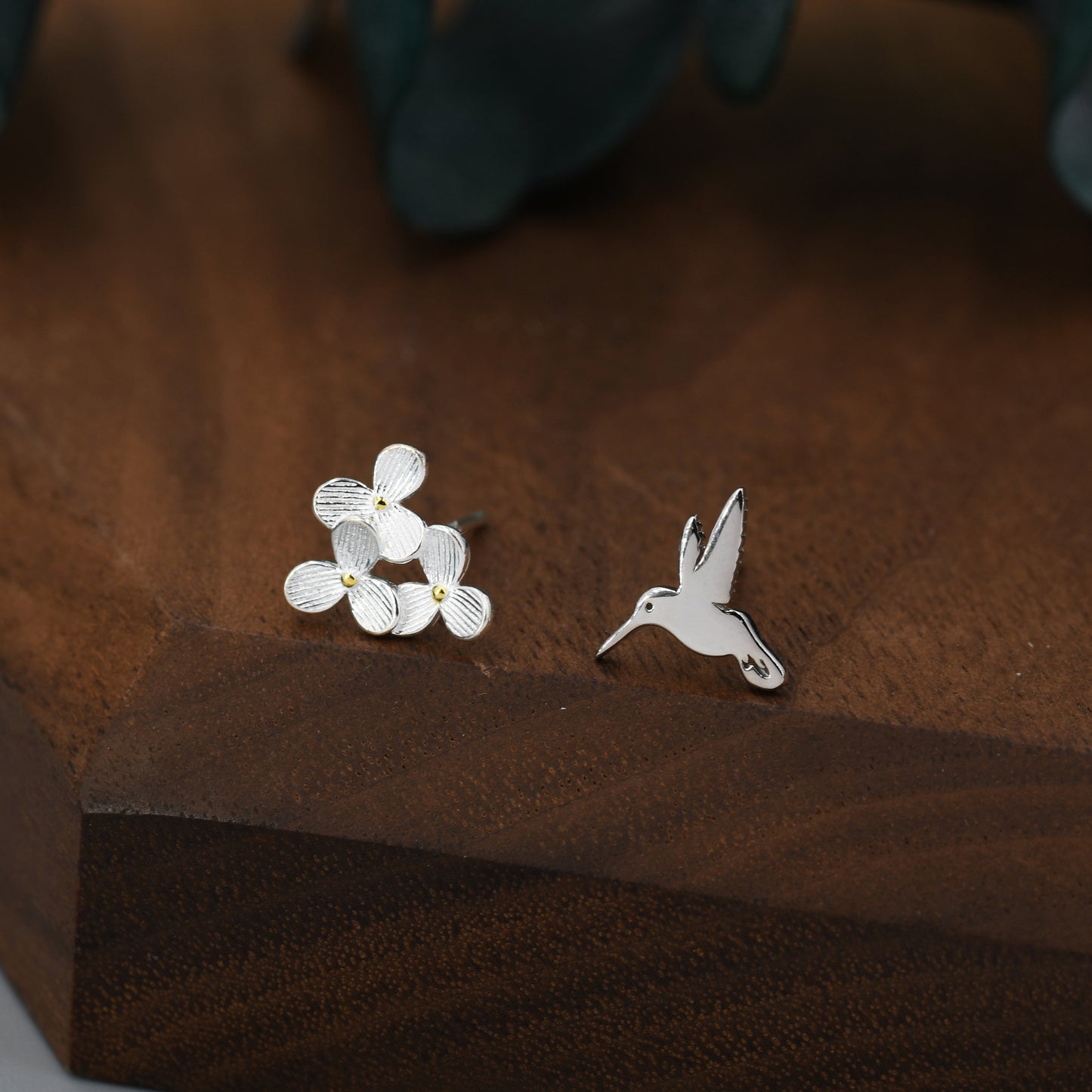 Mismatched Hummingbird and Hydrangea Flower Stud Earrings in Sterling Silver,  AsymmetricFlower and Hummingbird Earrings