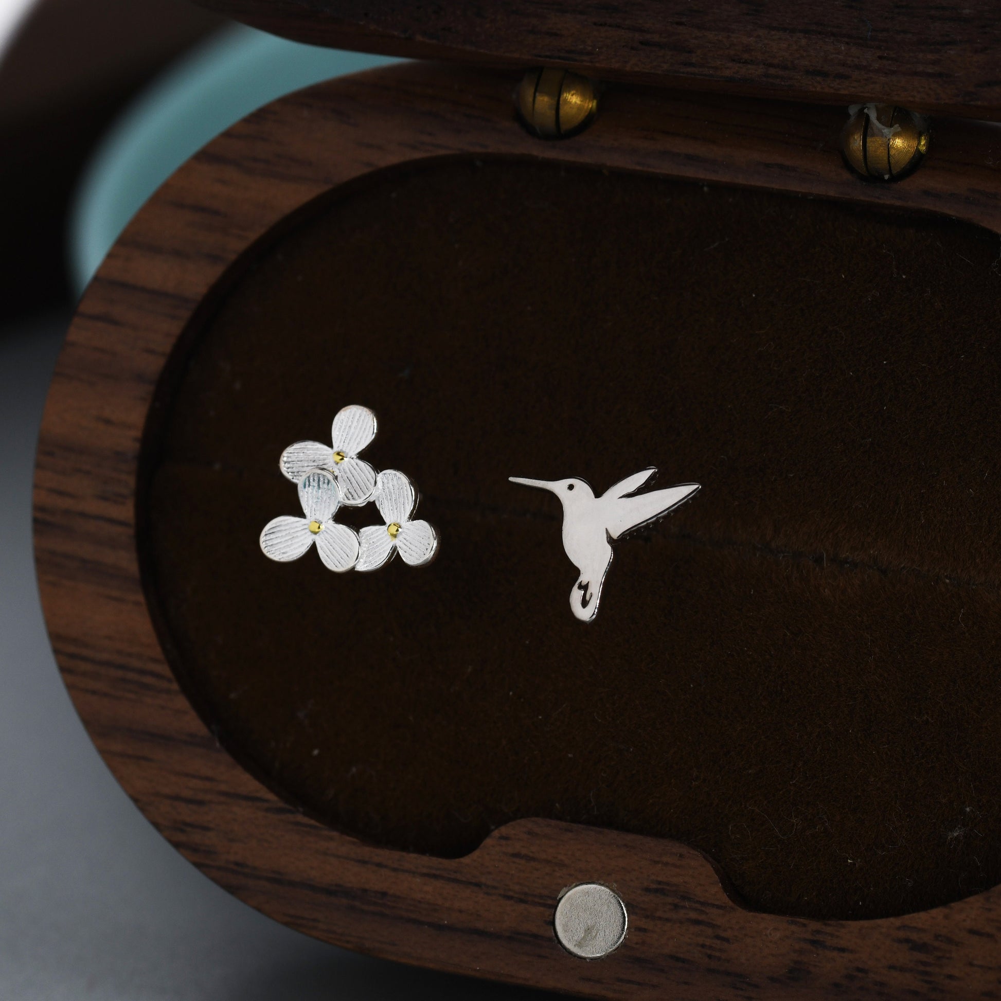 Mismatched Hummingbird and Hydrangea Flower Stud Earrings in Sterling Silver, AsymmetricFlower and Hummingbird Earrings