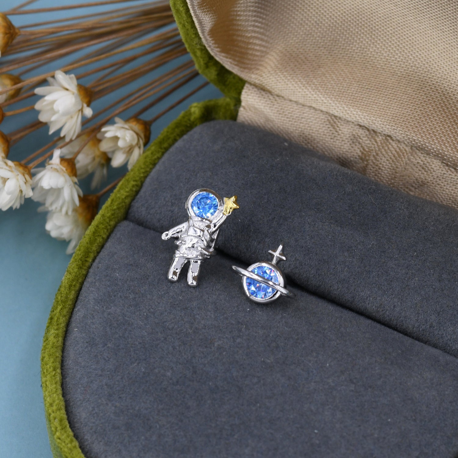 Mismatched Astronaut and Planet Stud Earrings in Sterling Silver, Asymmetric Spaceman and Planet Earrings with Blue CZ, Cute and Fun