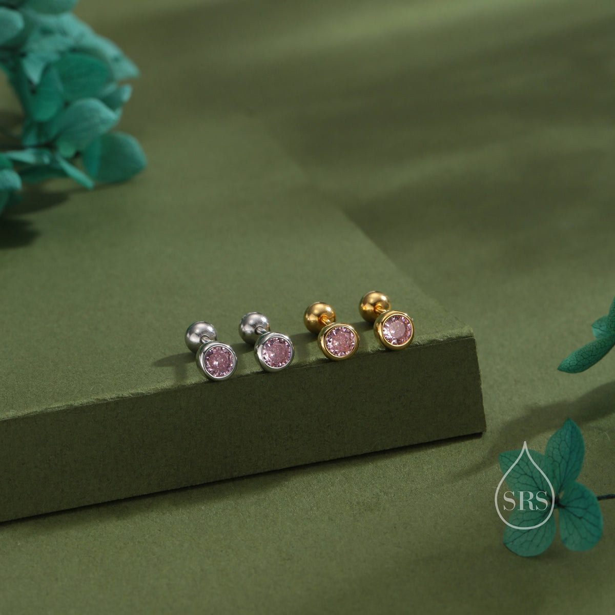 Tiny Pink CZ Barbell Earrings in Sterling Silver, 3mm or 4mm CZ Screw Back Dot Earrings, Screwback Earrings, October Birthstone