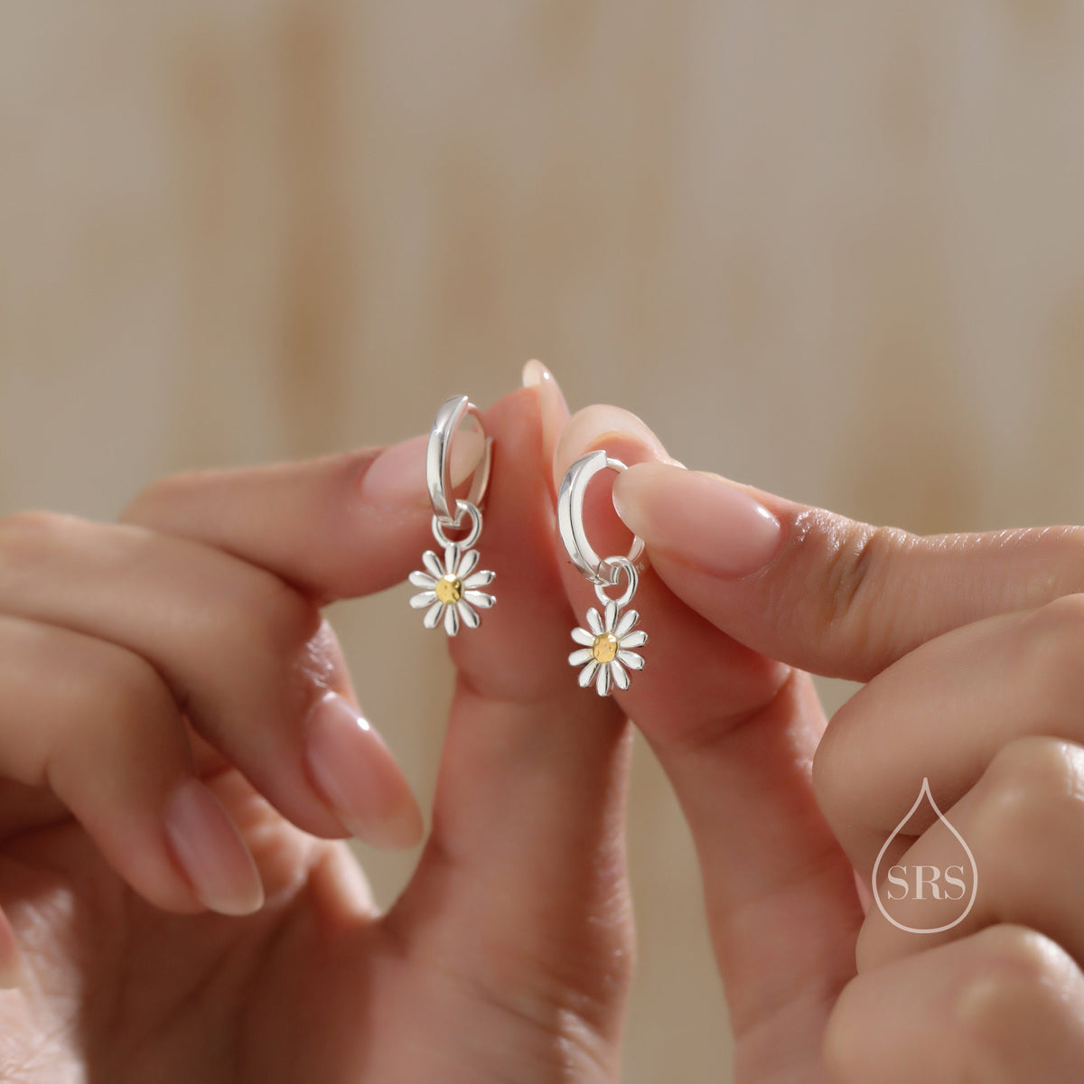 Aster Flower Charmed Hoop Earrings in Sterling Silver - Daisy Flower Blossom Huggie Hoop Earrings - Whimsical, Detachable Charm Hoops