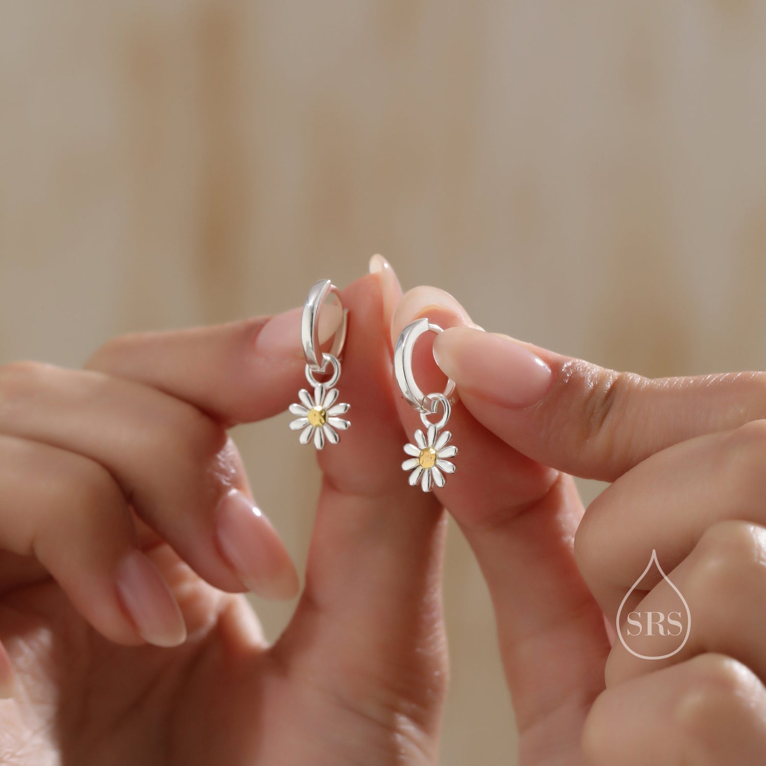 Aster Flower Charmed Hoop Earrings in Sterling Silver - Daisy Flower Blossom Huggie Hoop Earrings - Whimsical, Detachable Charm Hoops