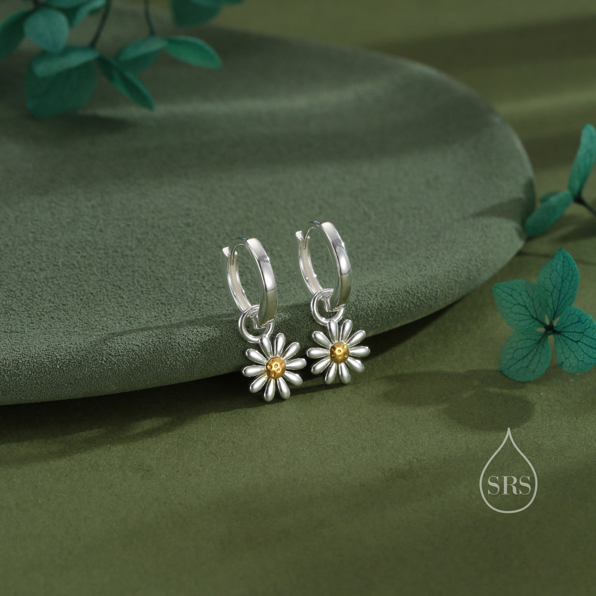 Aster Flower Charmed Hoop Earrings in Sterling Silver - Daisy Flower Blossom Huggie Hoop Earrings - Whimsical, Detachable Charm Hoops