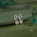 Aster Flower Charmed Hoop Earrings in Sterling Silver - Daisy Flower Blossom Huggie Hoop Earrings - Whimsical, Detachable Charm Hoops