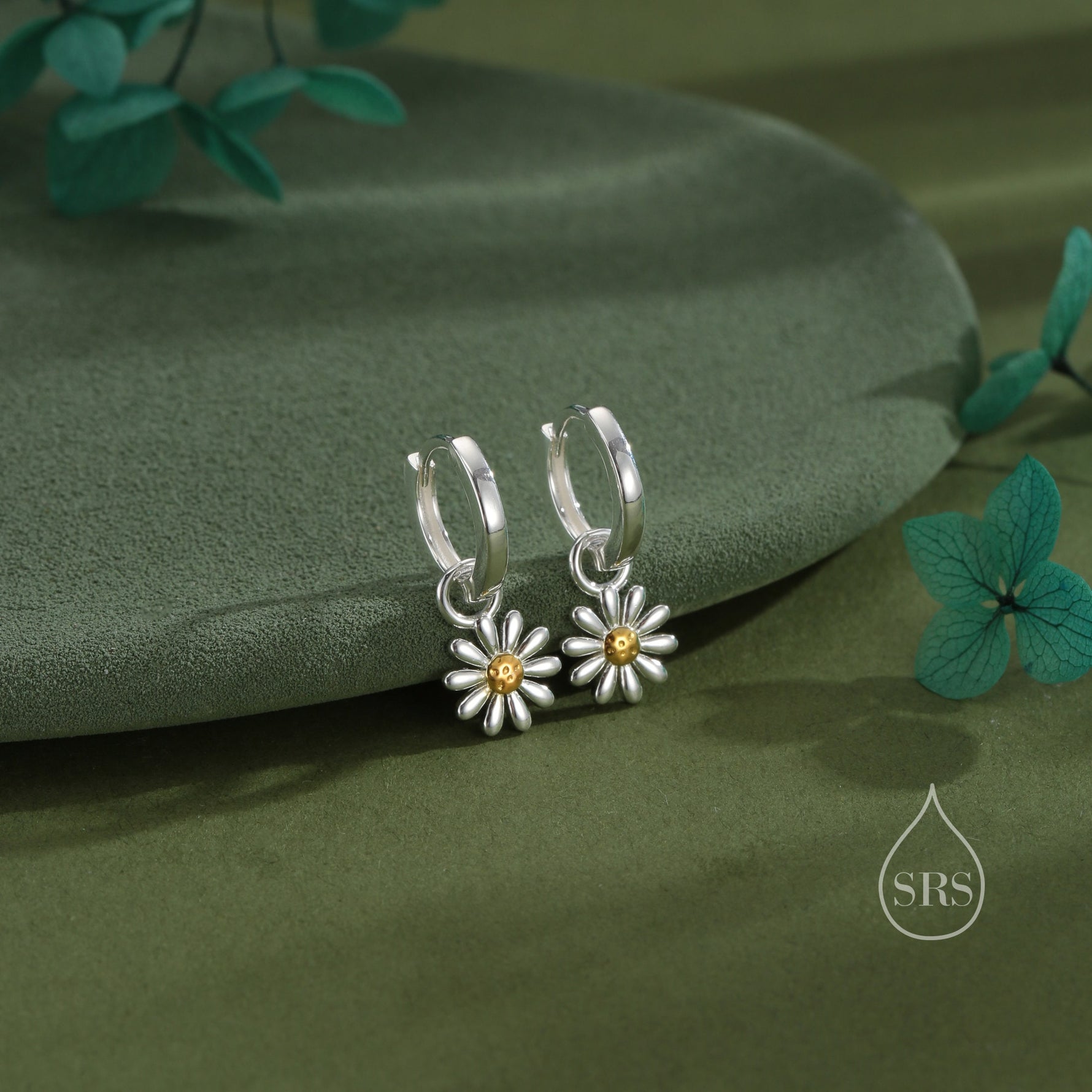 Aster Flower Charmed Hoop Earrings in Sterling Silver - Daisy Flower Blossom Huggie Hoop Earrings - Whimsical, Detachable Charm Hoops