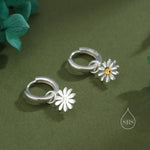 Aster Flower Charmed Hoop Earrings in Sterling Silver - Daisy Flower Blossom Huggie Hoop Earrings - Whimsical, Detachable Charm Hoops