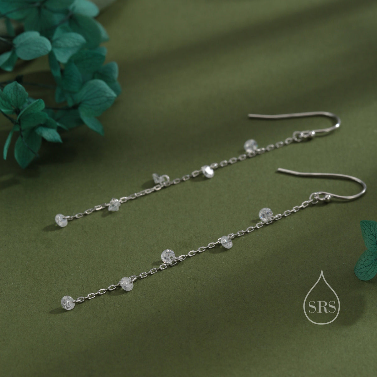CZ Cascade Drop Hook Earrings in Sterling Silver, Silver or Gold or Rose Gold, Geometric CZ Dangle Drop Earrings, CZ Long Drop Earrings