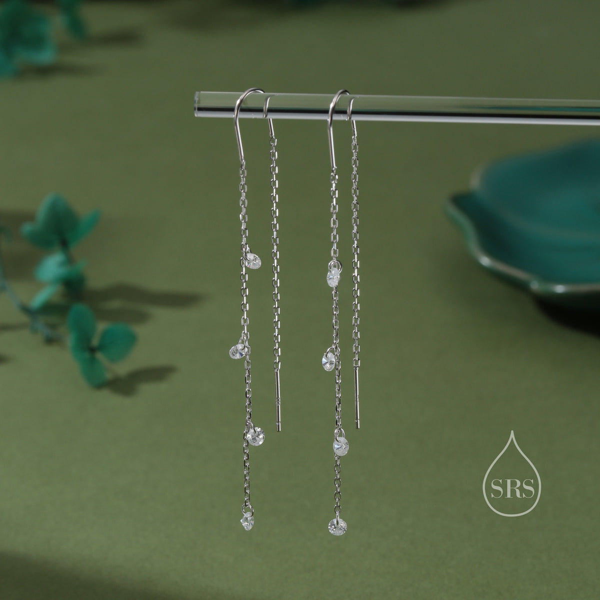 CZ Cascade Drop U Threader Earrings in Sterling Silver, Silver or Gold or Rose Gold, Geometric CZ Dangle Drop Earrings, CZ Long Drop Earring