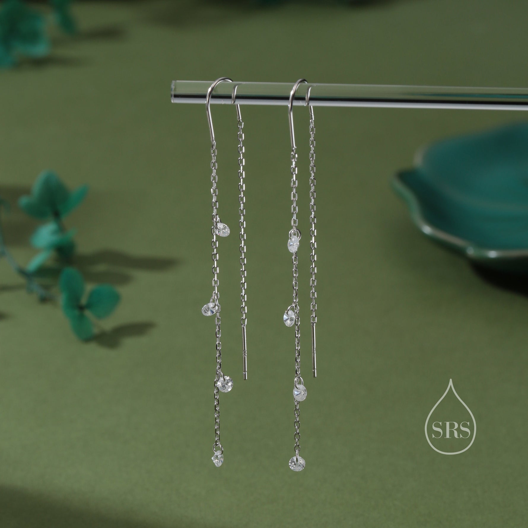 CZ Cascade Drop U Threader Earrings in Sterling Silver, Silver or Gold or Rose Gold, Geometric CZ Dangle Drop Earrings, CZ Long Drop Earring