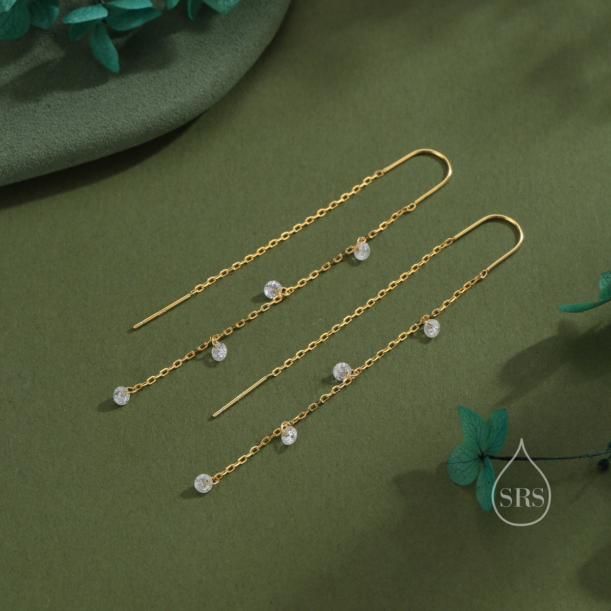 CZ Cascade Drop U Threader Earrings in Sterling Silver, Silver or Gold or Rose Gold, Geometric CZ Dangle Drop Earrings, CZ Long Drop Earring