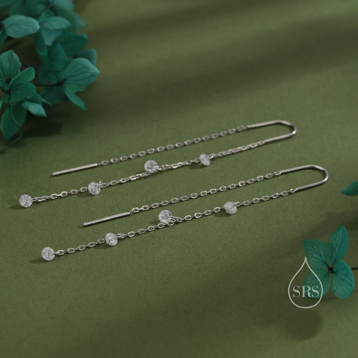 CZ Cascade Drop U Threader Earrings in Sterling Silver, Silver or Gold or Rose Gold, Geometric CZ Dangle Drop Earrings, CZ Long Drop Earring