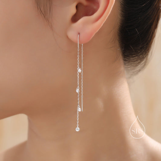 CZ Cascade Drop U Threader Earrings in Sterling Silver, Silver or Gold or Rose Gold, Geometric CZ Dangle Drop Earrings, CZ Long Drop Earring