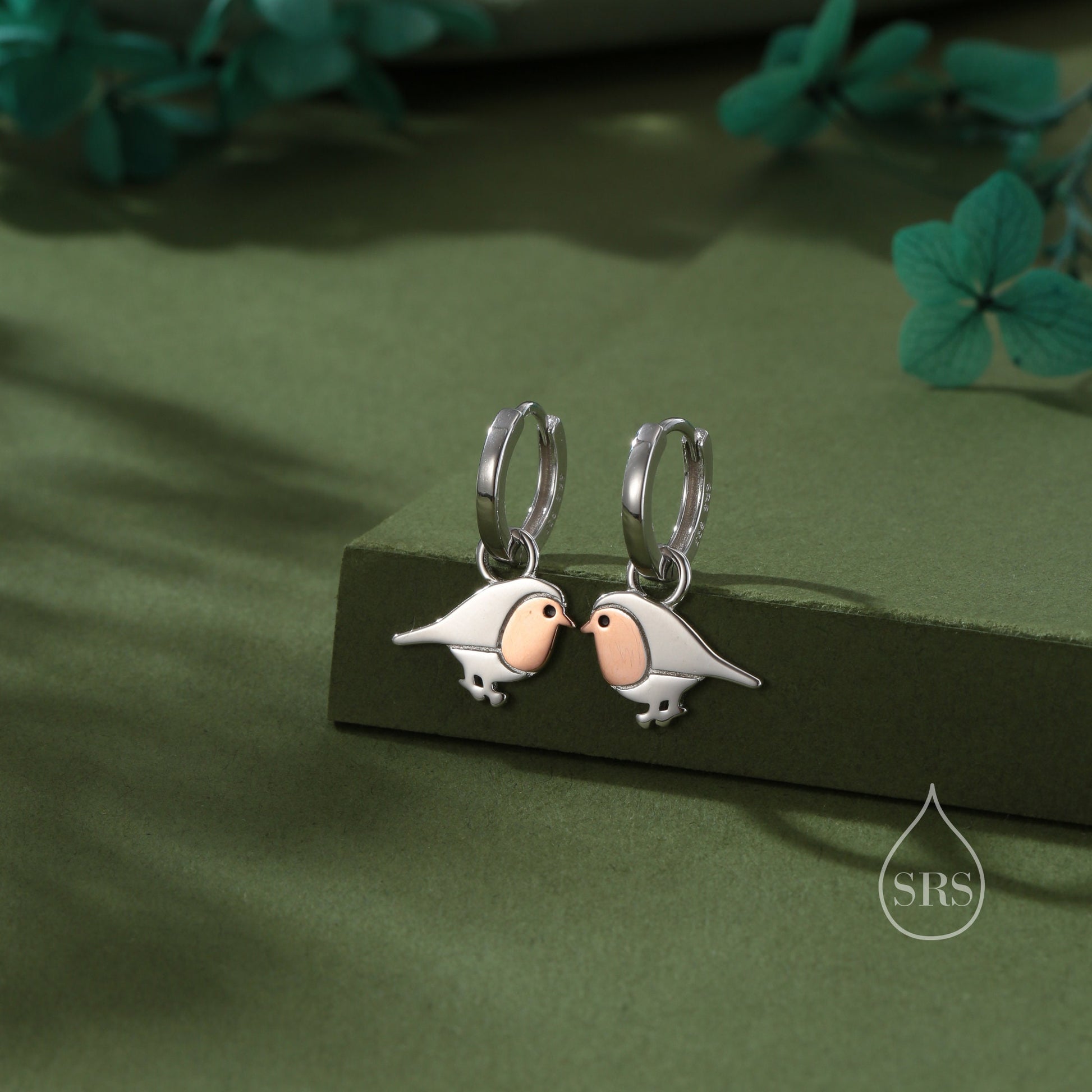 Sterling Silver Robin Bird Dangle Huggie Hoops, Two Tone Robin Hoop Earrings, Dainty Dangle Earrings, Robin Bird Earrings, Robin Earrings