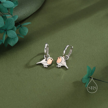 Sterling Silver Robin Bird Dangle Huggie Hoops, Two Tone Robin Hoop Earrings, Dainty Dangle Earrings, Robin Bird Earrings, Robin Earrings