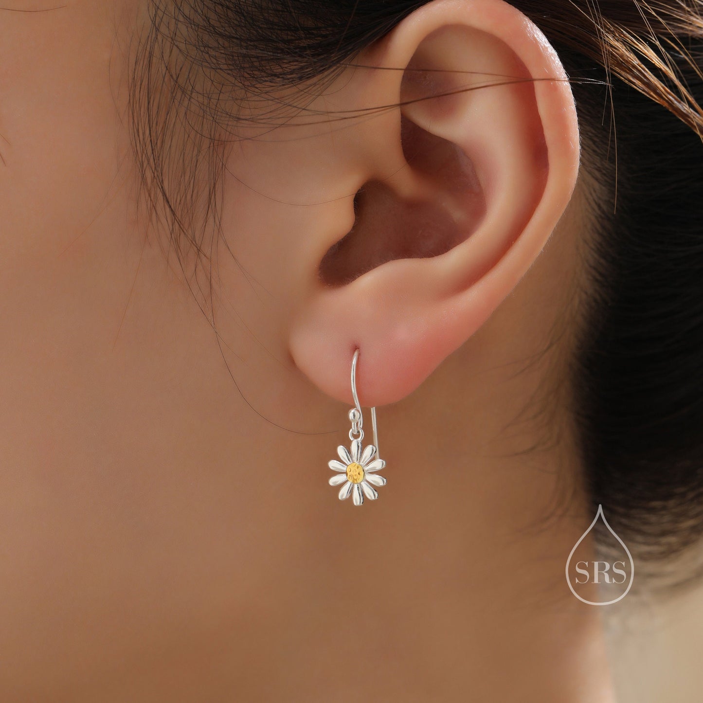 Aster Flower Drop Hook Earrings in Sterling Silver - Daisy Flower Blossom Dangle Earrings  -  Whimsical Daisy Earrings