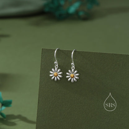 Aster Flower Drop Hook Earrings in Sterling Silver - Daisy Flower Blossom Dangle Earrings  -  Whimsical Daisy Earrings