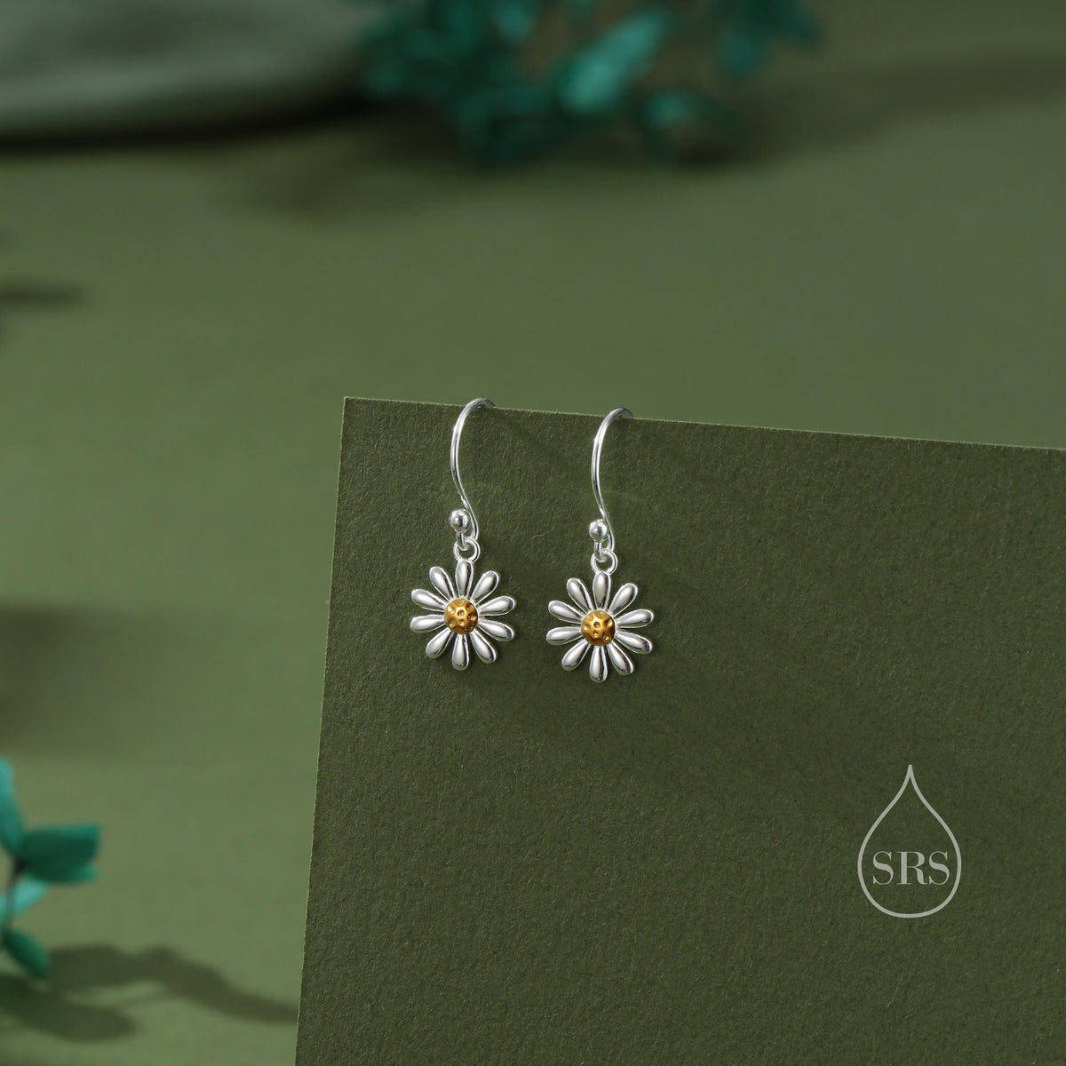 Aster Flower Drop Hook Earrings in Sterling Silver - Daisy Flower Blossom Dangle Earrings - Whimsical Daisy Earrings