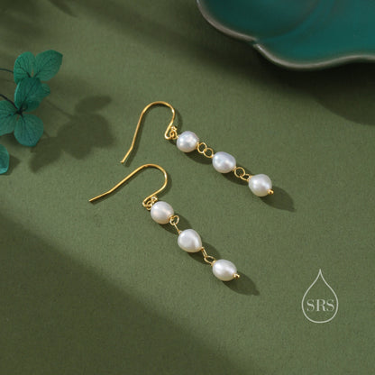 Baroque Pearl Trio Drop Hook Earrings in Sterling Silver, Silver or Gold, Irregular Shape Pearl Drop Earrings, Natural Freshwater Pearls
