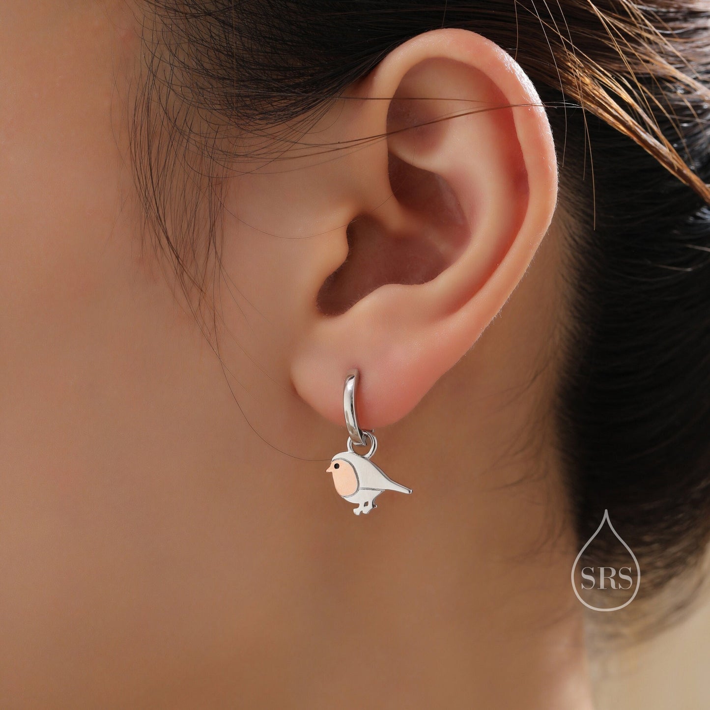 Sterling Silver Robin Bird Dangle Huggie Hoops, Two Tone Robin Hoop Earrings, Dainty Dangle Earrings, Robin Bird Earrings, Robin Earrings