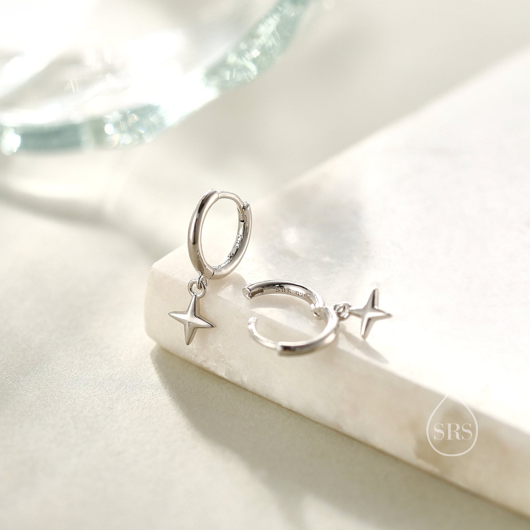 Tiny Four Point Star Huggie Hoop Earrings in Sterling Silver, Silver, Gold or Rose Gold, North Star Earrings, Sunburst Earrings, Celestial