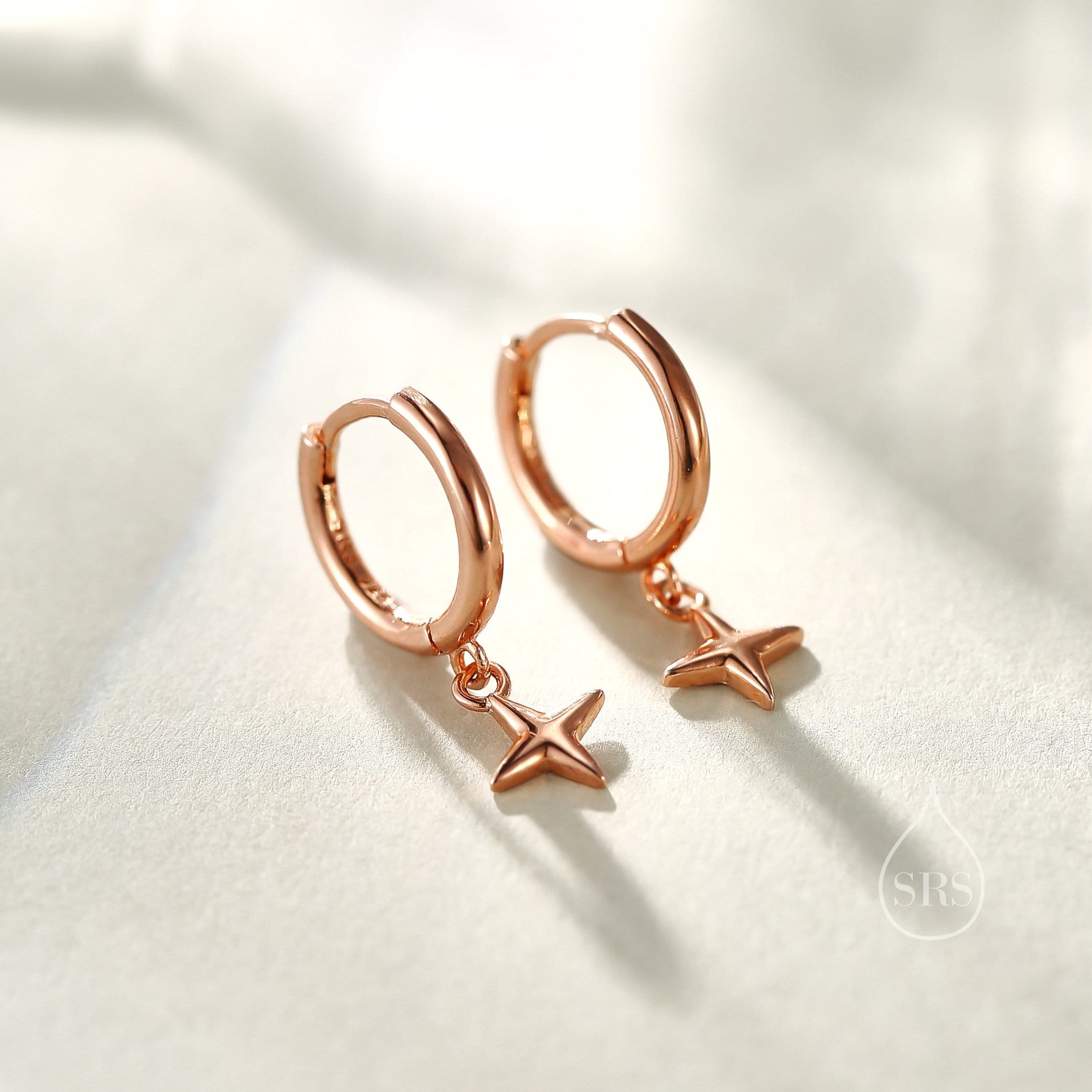Tiny Four Point Star Huggie Hoop Earrings in Sterling Silver, Silver, Gold or Rose Gold, North Star Earrings, Sunburst Earrings, Celestial