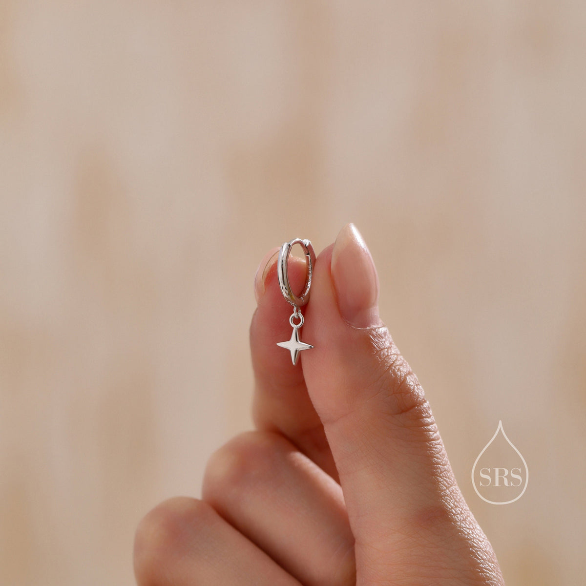 Tiny Four Point Star Huggie Hoop Earrings in Sterling Silver, Silver, Gold or Rose Gold, North Star Earrings, Sunburst Earrings, Celestial