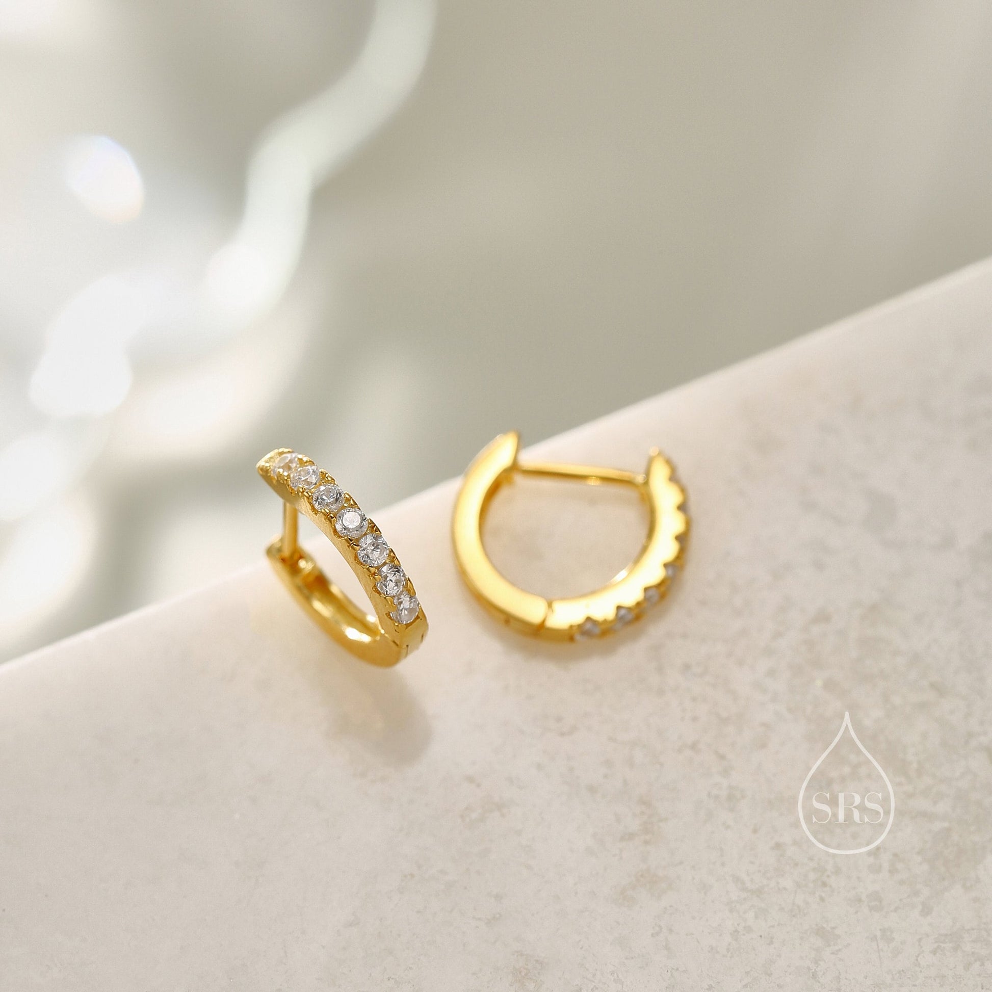 CZ Huggie Hoops in Sterling Silver, Silver or Gold, Minimalist Hoop Earrings, 8mm Hoops, cartilage hoops