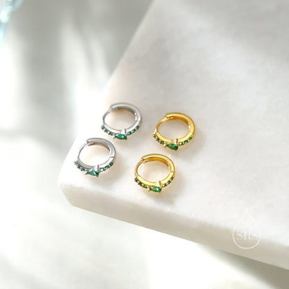 Dainty Green CZ Huggie Hoop Earrings in Sterling Silver with Pear CZ, Silver or Gold, Droplet CZ Hoops