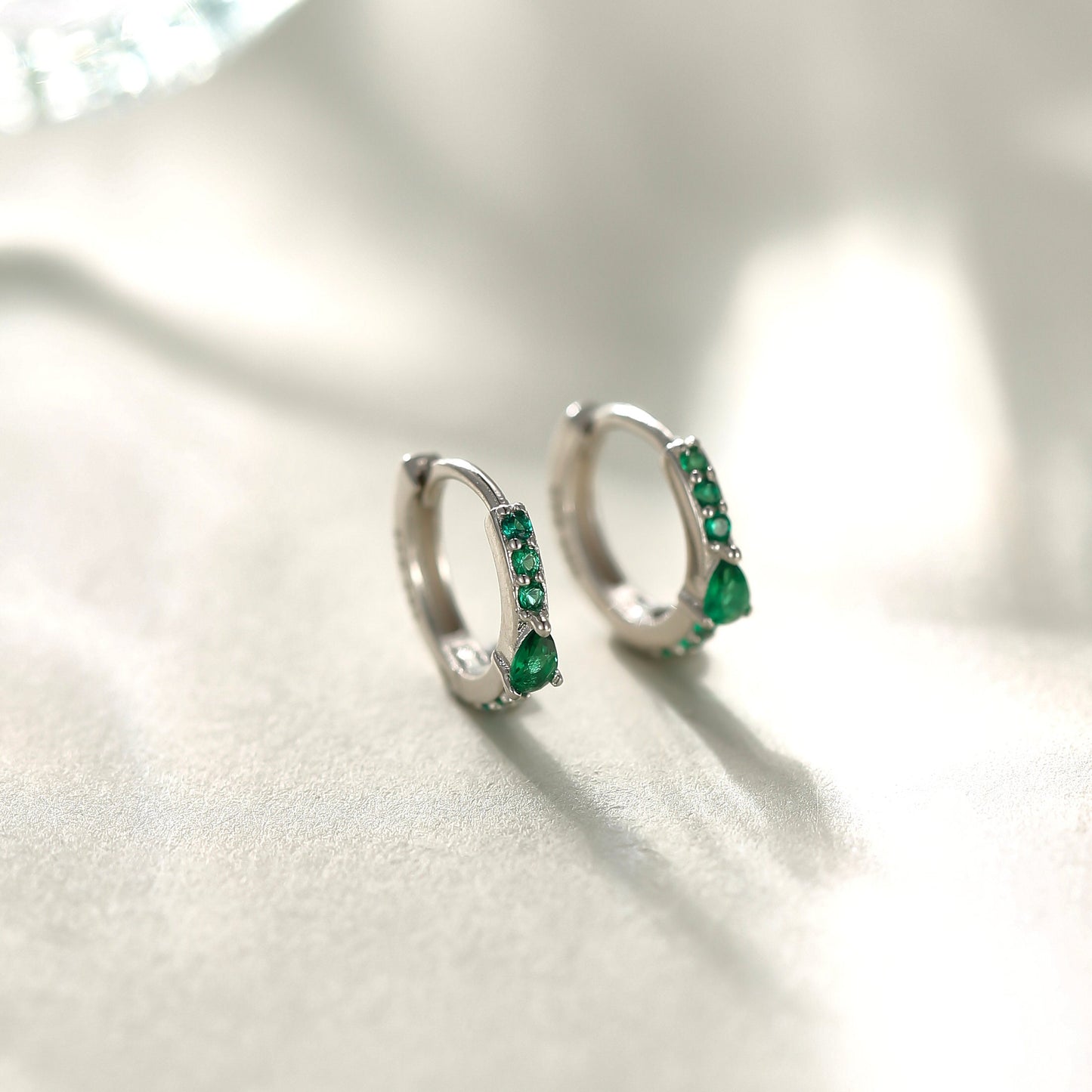 Dainty Green CZ Huggie Hoop Earrings in Sterling Silver with Pear CZ, Silver or Gold, Droplet CZ Hoops