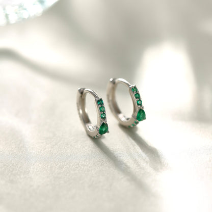 Dainty Green CZ Huggie Hoop Earrings in Sterling Silver with Pear CZ, Silver or Gold, Droplet CZ Hoops