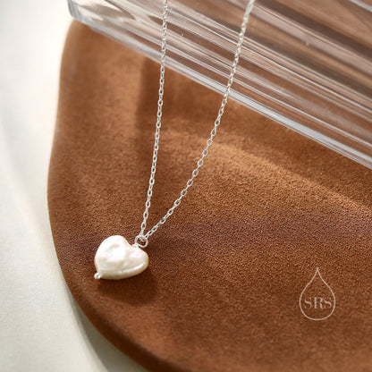 Genuine Heart Baroque Pearl Pendant Necklace in Sterling Silver, Delicate Keshi Pearl Star Necklace, Heart Pearl Necklace