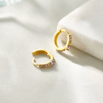 Dainty Purple CZ Huggie Hoop Earrings in Sterling Silver with Pear CZ, Silver or Gold, Droplet CZ Hoops